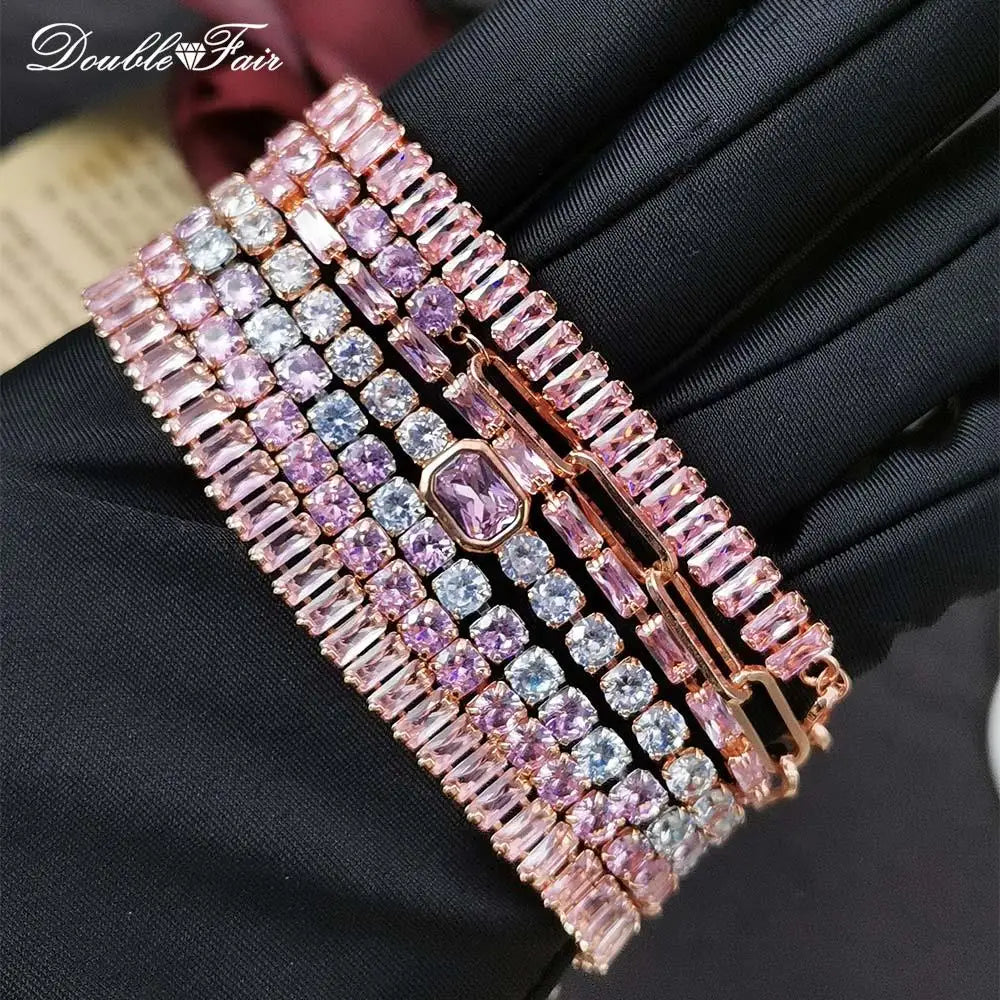 Romantic Pink Crystal Tennis Bracelets for Female Women Trend Shiny Zirconia Adjustable Folding Buckle Chain on Hand Jewelry