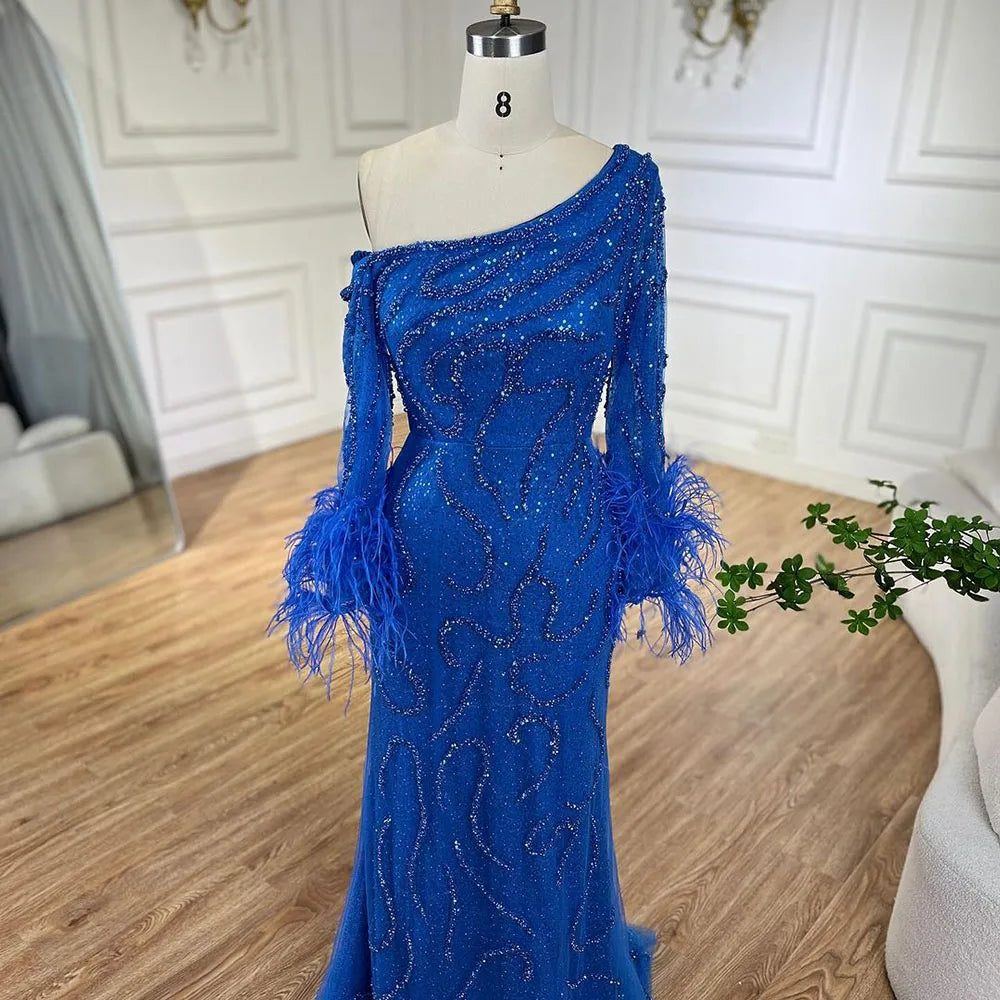 Serene Hill Blue Mermaid Elegant One-Shoulder Beaded Feathers Evening Dress Gown for 's Wedding Party 2025 LA72395 Customized