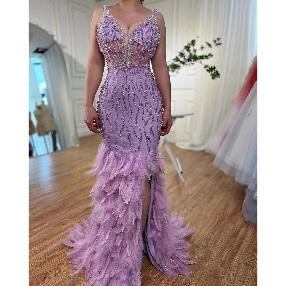 Serene Hill Pink Mermaid High Split Evening Dresses Feather Beaded Gowns Long 2025 For Women Wedding Party LA72152 Customized