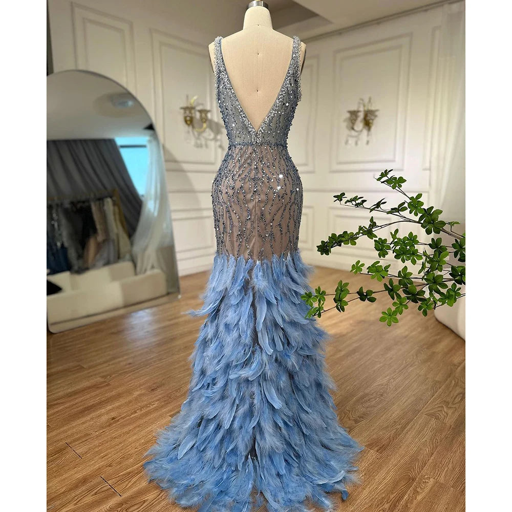 Serene Hill Pink Mermaid High Split Evening Dresses Feather Beaded Gowns Long 2025 For Women Wedding Party LA72152 Customized