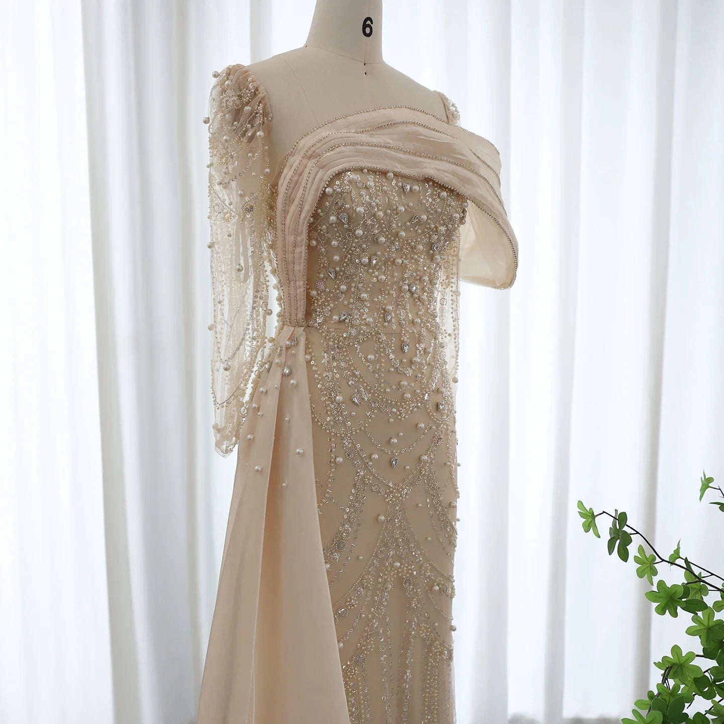Sharon Said Nude Luxury Crystal Mermaid Evening Dress with Overskirt Long Sleeve Dubai Wedding Formal Prom Gown SS256 Customized