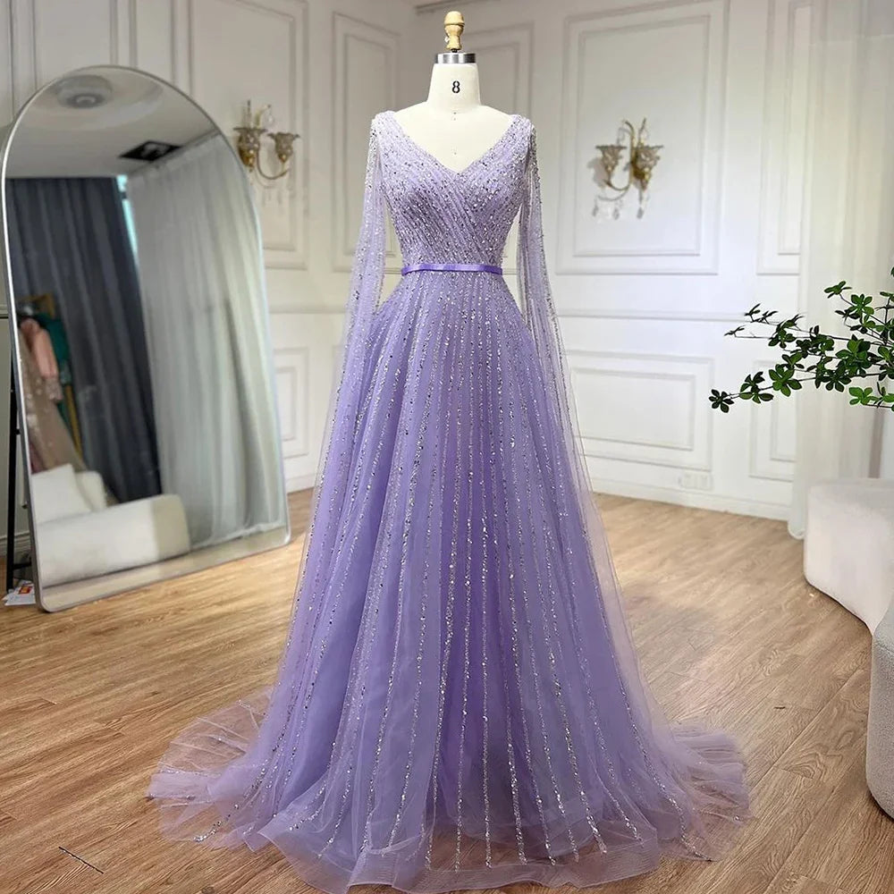 Serene Hill Mint Cape Sleeves A Line Beaded Dubai Evening Dresses Long 2025 Celebrity Gowns For Party LA71865 Customized