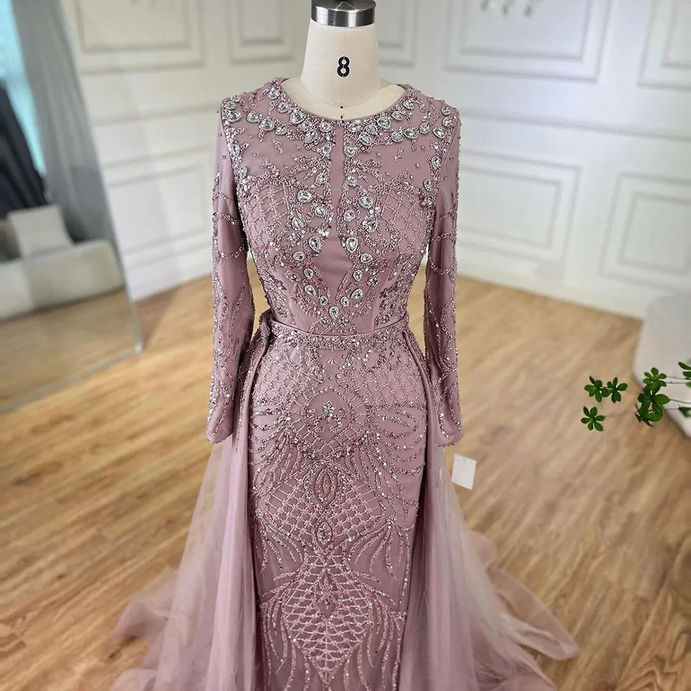 Serene Hill Muslim Silver Nude Mermaid Gown with Detachable Overskirt Beaded Evening Dress for Women Wedding Party 2025 LA71919