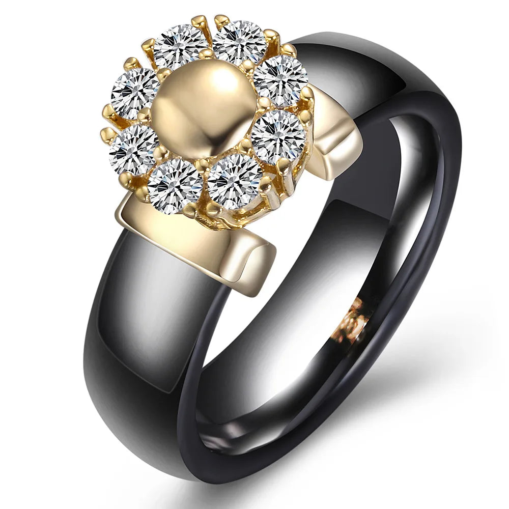 Luxury Sunflower Zircon Ceramic Ring For Women Girl Titanium Steel Metal Finger Jewelry Accessories Gift Black White Color