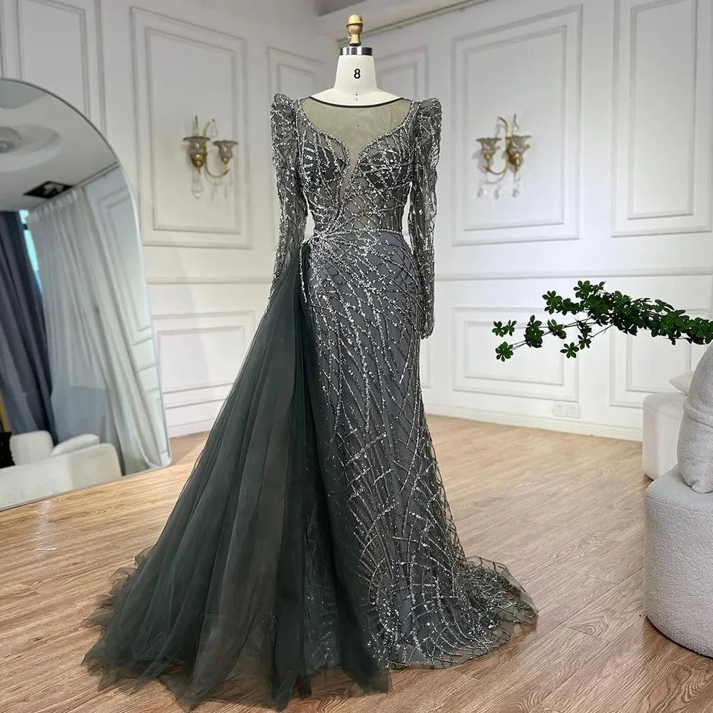 Serene Hill Muslim Gold Mermaid Beaded Dubai Evening Dresses Gowns With Overskirt 2025 For Party LA72206 Customized