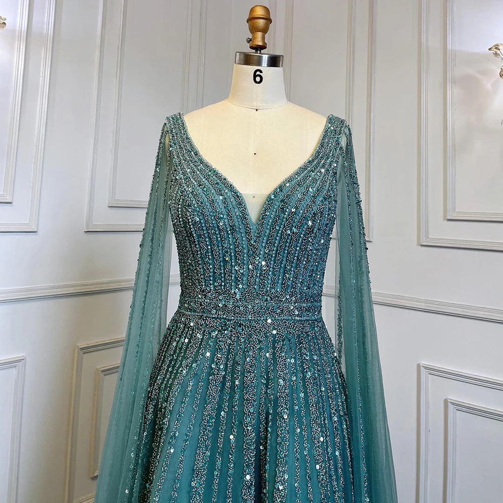 Nude Arabic Luxury Cape Sleeves Evening Dresses Gowns A-Line Beaded 2025 For Party LA71567 Customized