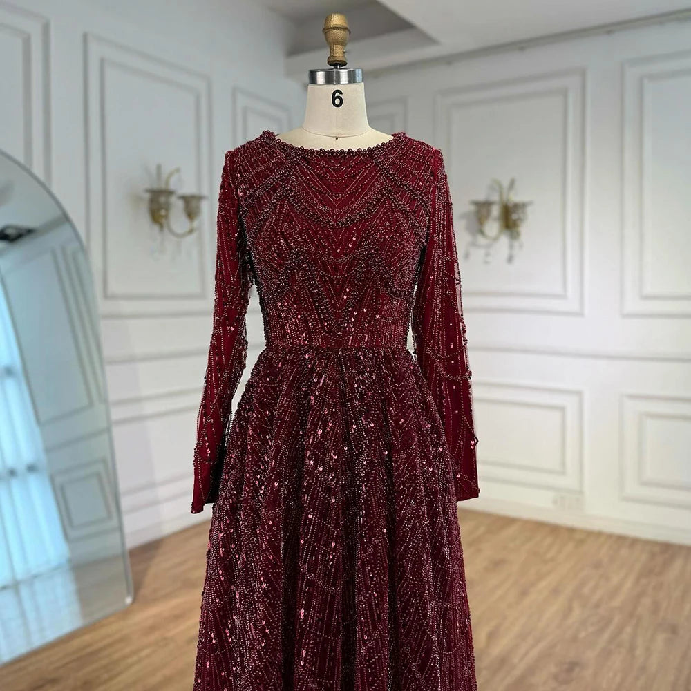 Luxury Olive Green Long Sleeve Beaded A Line Evening Gown for Wedding Party Prom Serene Hill 2025 Customized LA72738B Plus Size