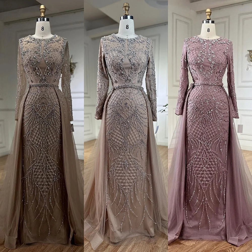 Serene Hill Muslim Silver Nude Mermaid Gown with Detachable Overskirt Beaded Evening Dress for Women Wedding Party 2025 LA71919