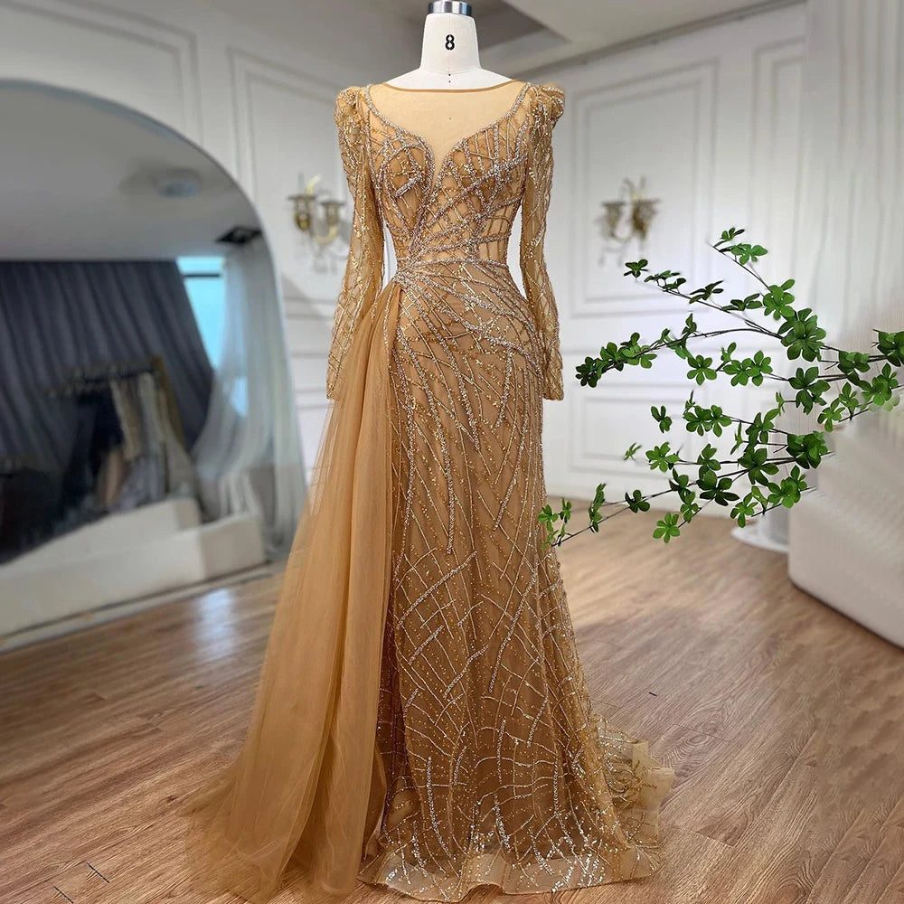 Serene Hill Muslim Gold Mermaid Beaded Dubai Evening Dresses Gowns With Overskirt 2025 For Party LA72206 Customized