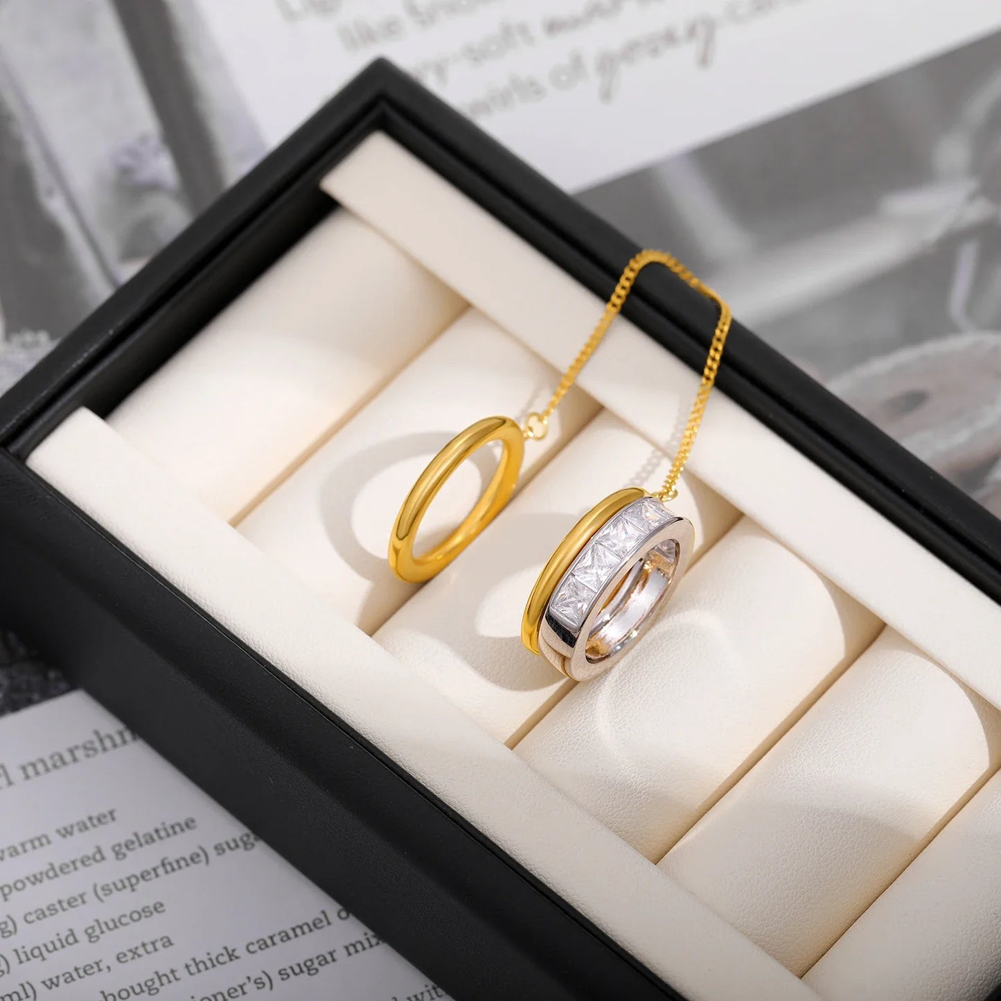 Fashion CZ Zircon Stainless Steel Double Layer Chain Ring for Women Gold Plated Tassel Link Ring Hip Hop Jewelry Waterproof