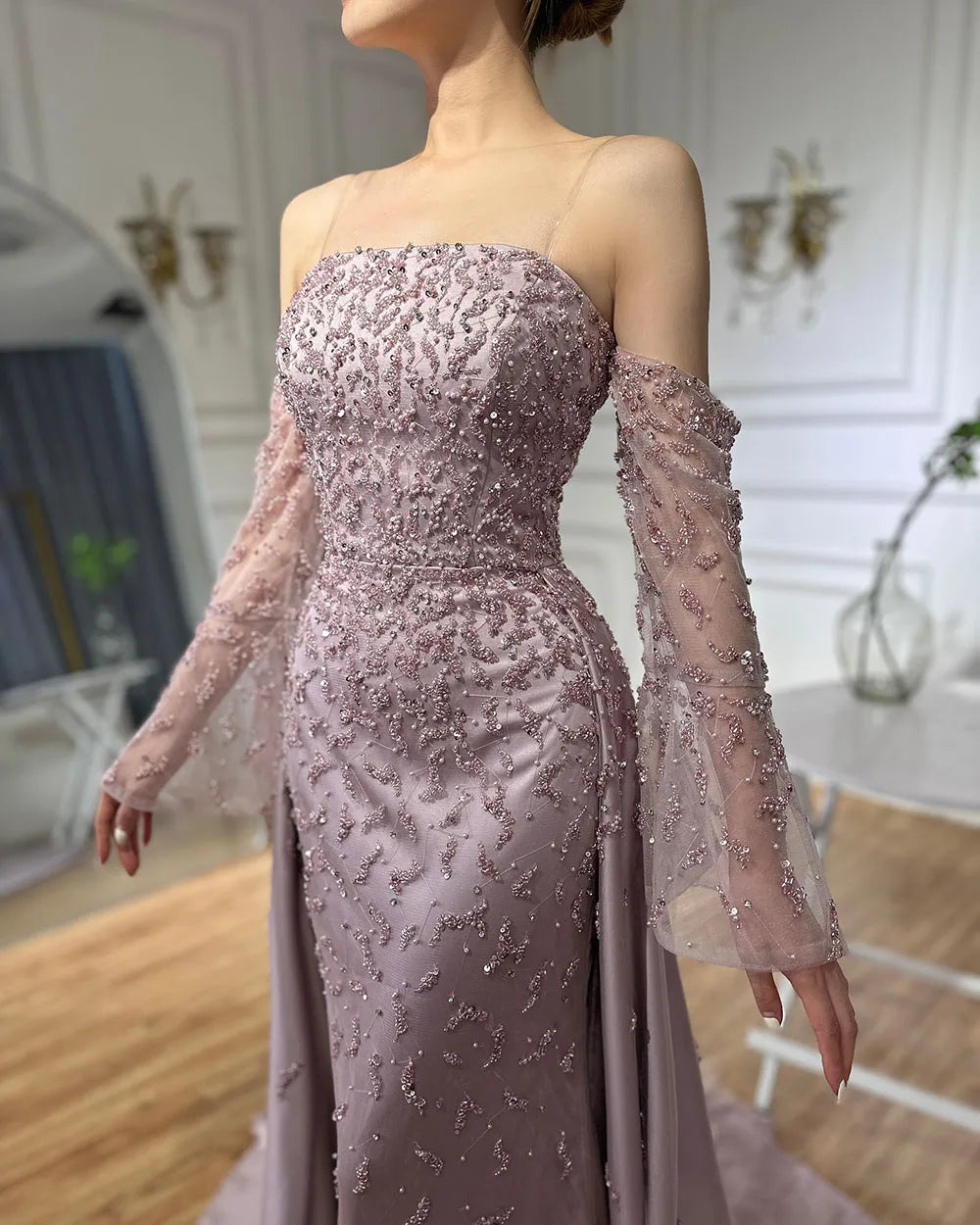 Serene Hill Customized 2025 Arabic Strapless Gray Blue Beaded Pearls Dubai Evening Dresses For Formal Occasion LA72705
