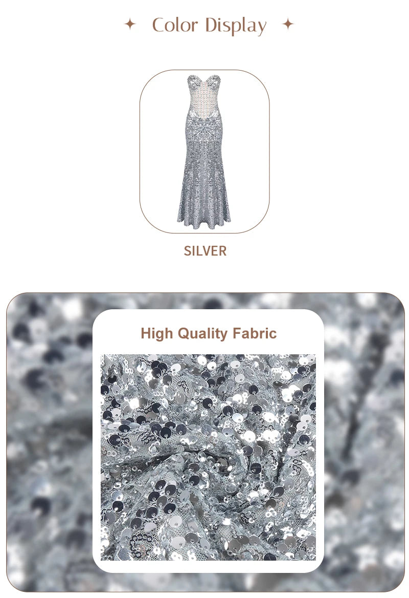 VC Glamorous Silver Sequin Sleeveless Strapless Mermaid Dress for Galas Party Wedding Evening Gown