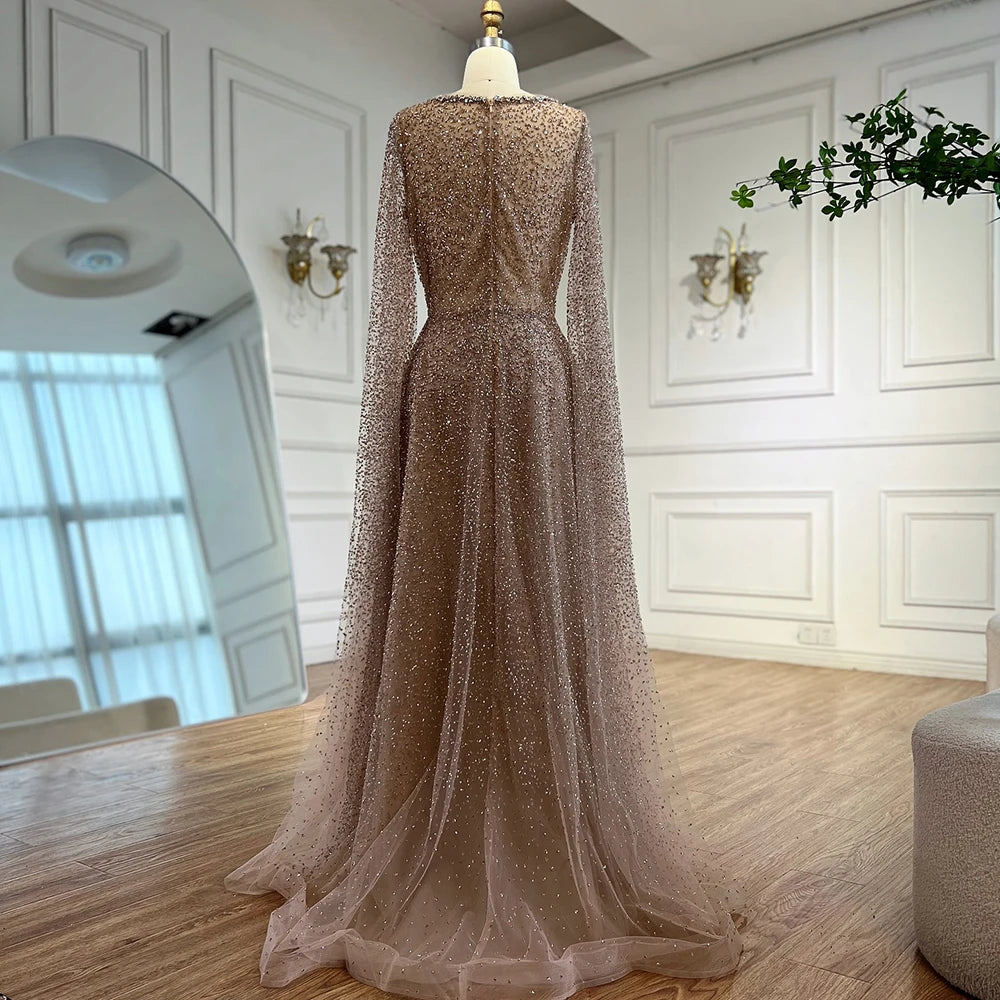 Rose Gold Beaded Saudi Evening Dress with Cape Sleeves A-Line Gown Serene Hill 2025 LA72147C Customized Plus Size