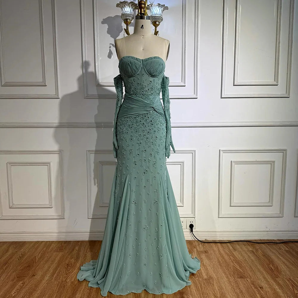 Turquoise Strapless Beaded Mermaid Evening Dress with Gloves Prom Gown Serene Hill 2025 Customized LA72933