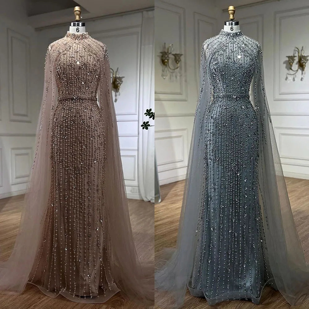 Muslim Nude Mermaid Cape Sleeves Pearls Beaded Luxury Dubai Evening Dresses Gowns 2025 Wedding Party LA72372 Customized