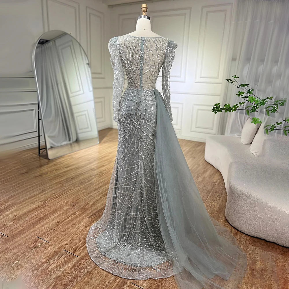Serene Hill Muslim Gold Mermaid Beaded Dubai Evening Dresses Gowns With Overskirt 2025 For Party LA72206 Customized