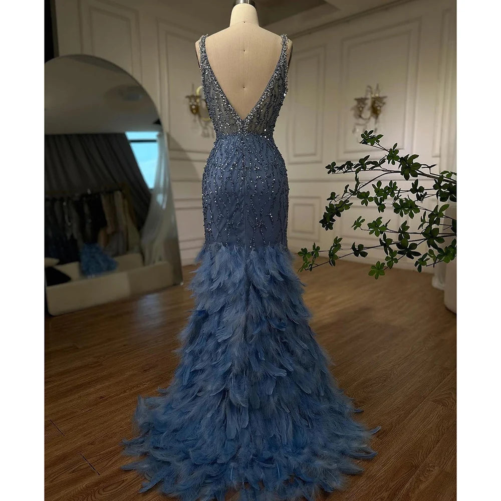 Serene Hill Pink Mermaid High Split Evening Dresses Feather Beaded Gowns Long 2025 For Women Wedding Party LA72152 Customized