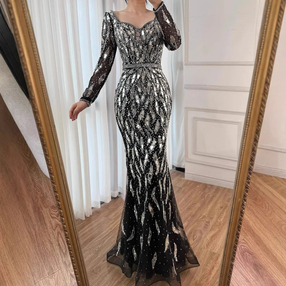 Luxury Black Silver Long Sleeve Evening Dress with Sequins Elegant Mermaid Gown for Women 2025 Serene Hill Customized LA73113