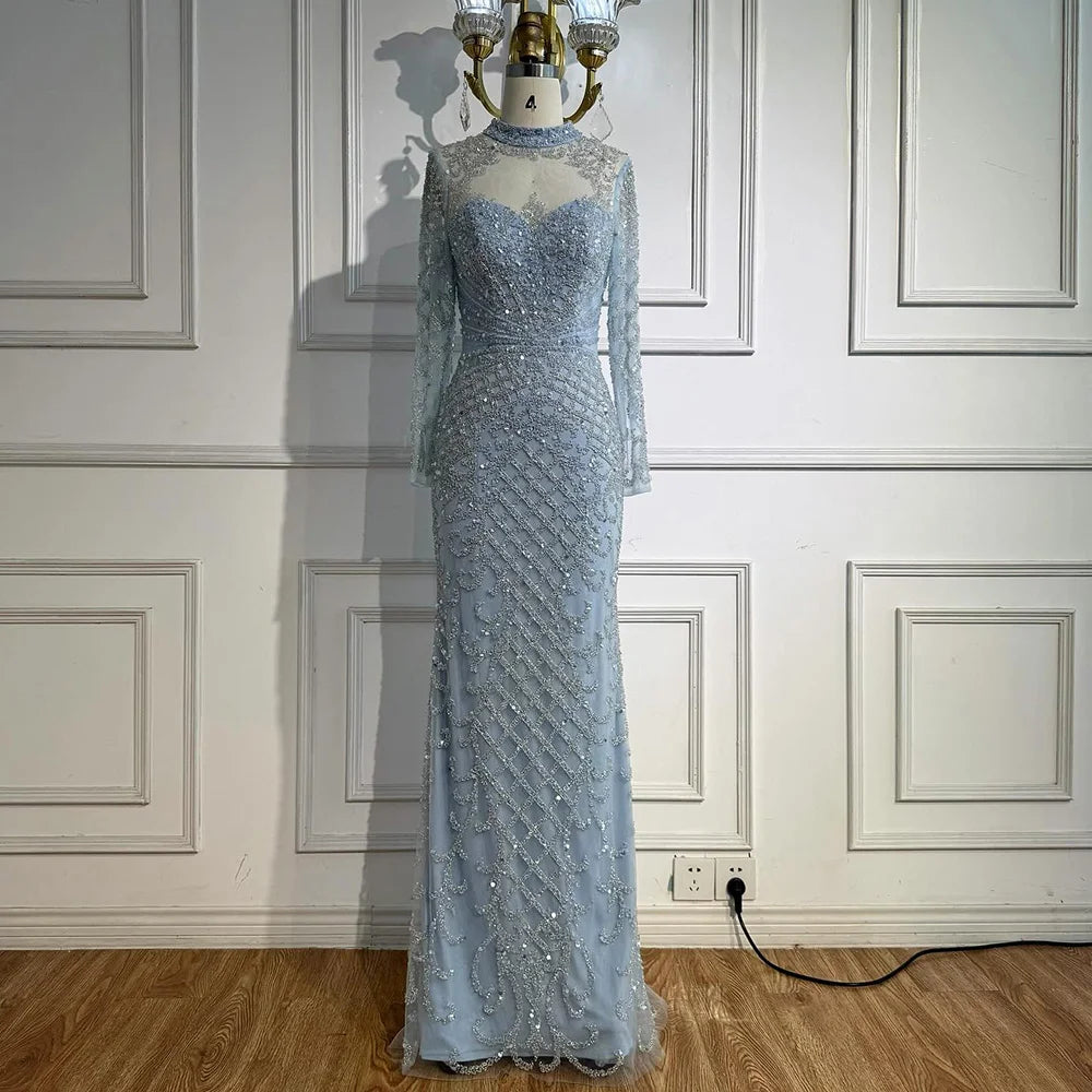 Luxury Caramel Beaded Evening Dress with High Neck Long Sleeves Mermaid Gown Serene Hill 2025 Customized LA71747A