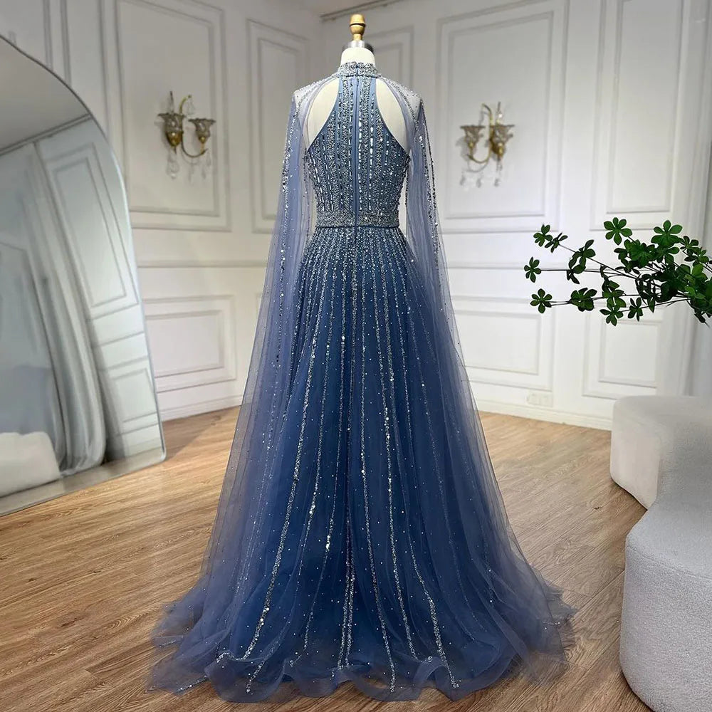 Serene Hill Arabic Turquoise A Line Cape Sleeve Beaded Evening Dresses Gowns For Occasion 2025 LA72306A Customized