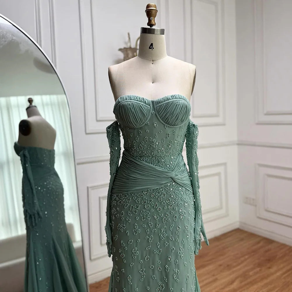 Turquoise Strapless Beaded Mermaid Evening Dress with Gloves Prom Gown Serene Hill 2025 Customized LA72933