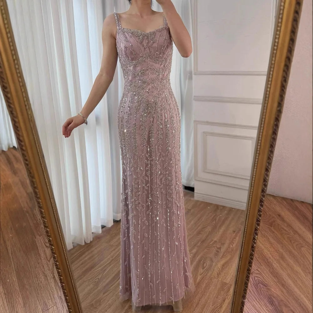 Luxury Arabic Blue Beaded Spaghetti Strap Pink Mermaid Evening Dress for Women Party Serene Hill 2025 Customized LA72725