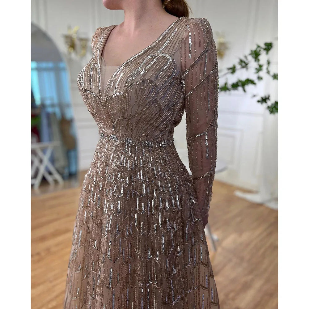 Serene Hill Muslim Designer Caramel A Line Elegant Beaded Evening Dresses Gowns For Party 2025 LA71940 Customized