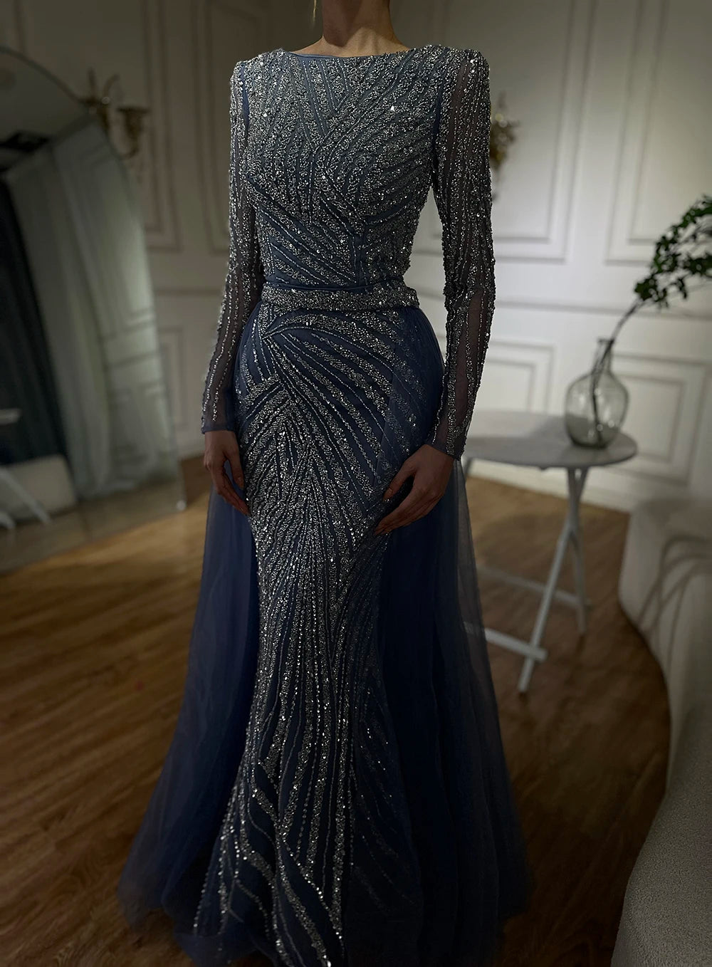 Serene Hill Mermaid Beaded Blue Muslim Evening Dresses Gowns with Detachable Skirt 2025 LA71750 Customized