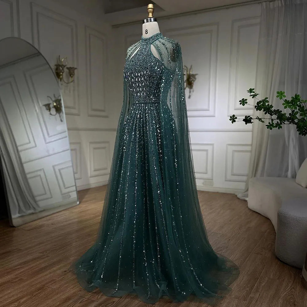 Serene Hill Arabic Turquoise A Line Cape Sleeve Beaded Evening Dresses Gowns For Occasion 2025 LA72306A Customized