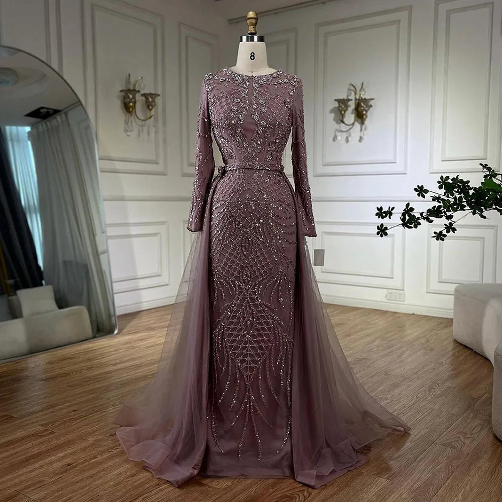 Serene Hill Muslim Silver Nude Mermaid Gown with Detachable Overskirt Beaded Evening Dress for Women Wedding Party 2025 LA71919