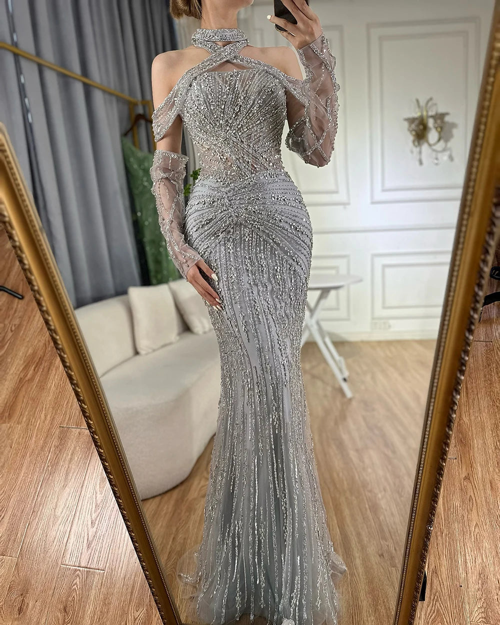 Serene Hill Arabic Gray Decorative Halter Mermaid Evening Dresses Beaded Dress For Formal Occasion LA72651 Customized 2025