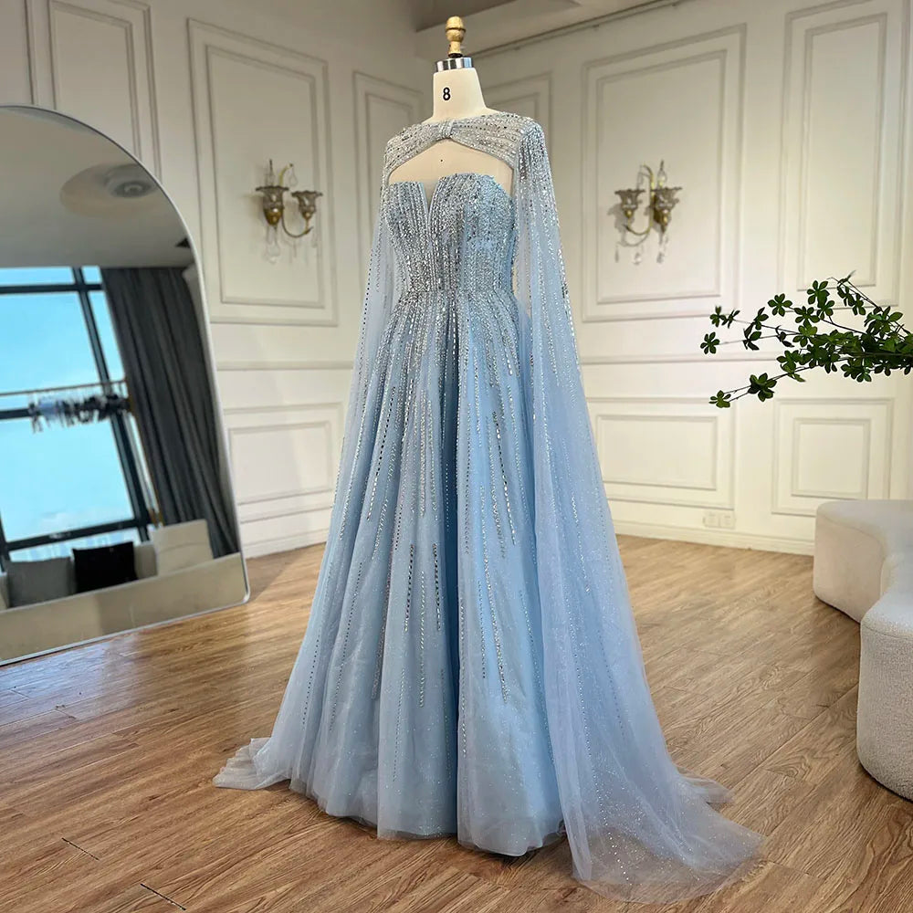 Serene Hill 2025 Arabic Blue Cape A-Line Beaded Evening Dresses Long Celebrity Gowns LA72427 Customized