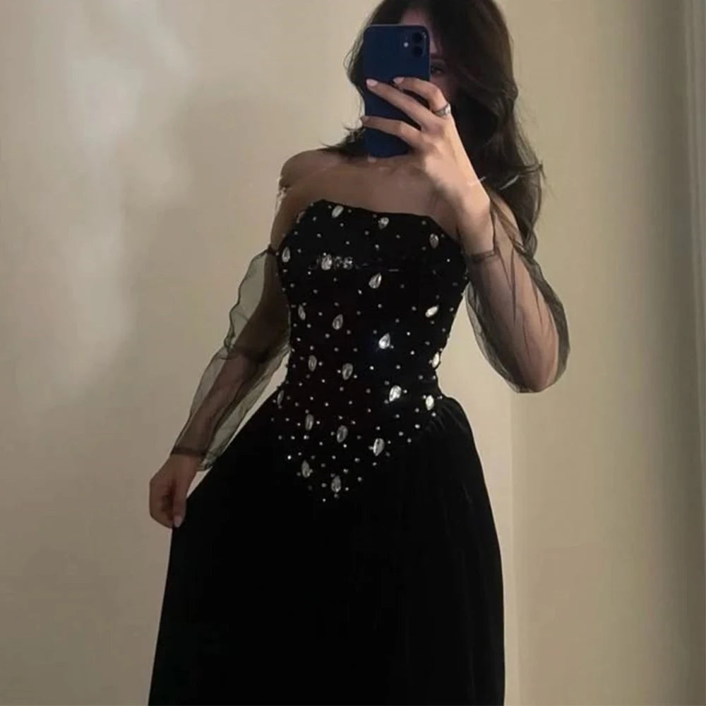 Modern Black Strapless Evening Dress with Crystal A-Line Floor Length Women Three Quarter Occasion Customized Party Gowns