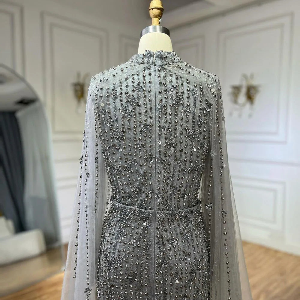 Muslim Nude Mermaid Cape Sleeves Pearls Beaded Luxury Dubai Evening Dresses Gowns 2025 Wedding Party LA72372 Customized