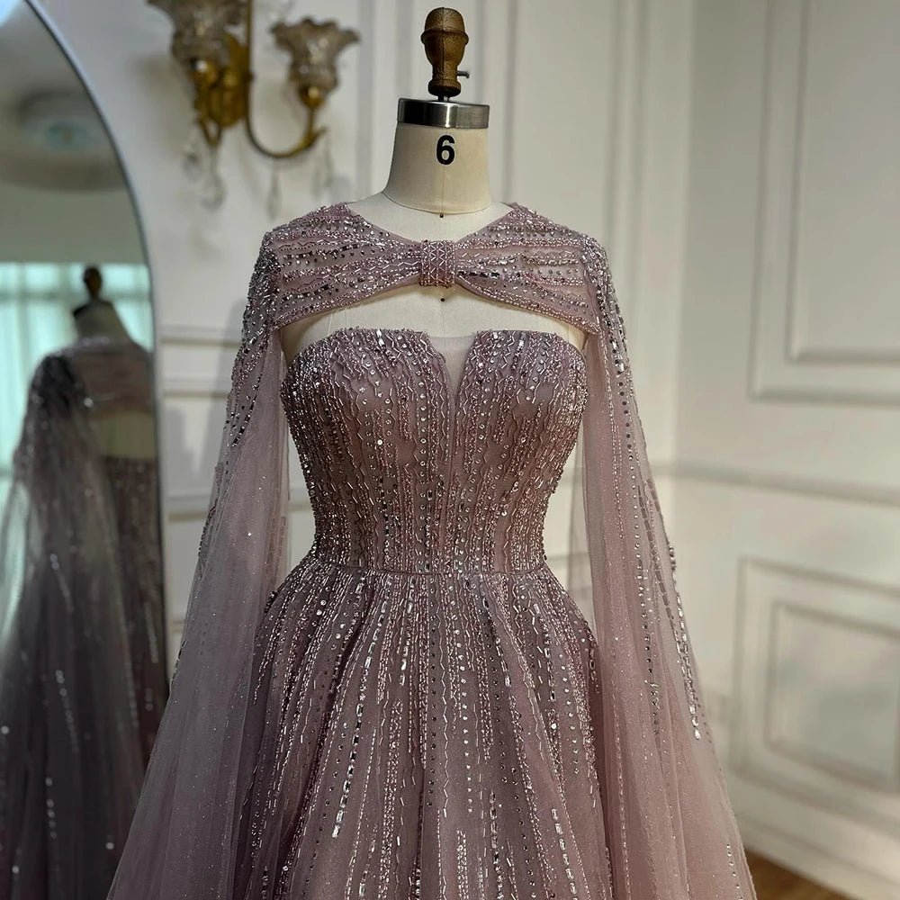Serene Hill 2025 Arabic Blue Cape A-Line Beaded Evening Dresses Long Celebrity Gowns LA72427 Customized