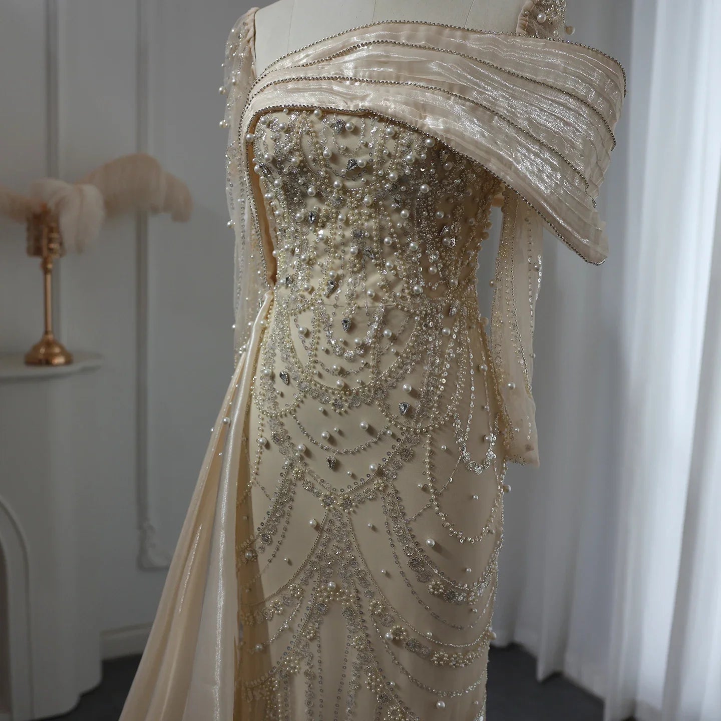 Sharon Said Nude Luxury Crystal Mermaid Evening Dress with Overskirt Long Sleeve Dubai Wedding Formal Prom Gown SS256 Customized