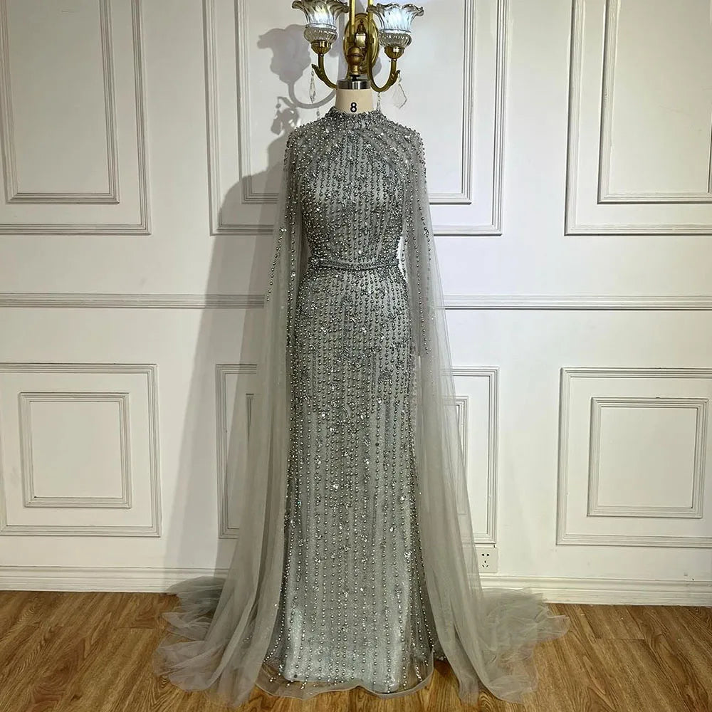 Muslim Nude Mermaid Cape Sleeves Pearls Beaded Luxury Dubai Evening Dresses Gowns 2025 Wedding Party LA72372 Customized