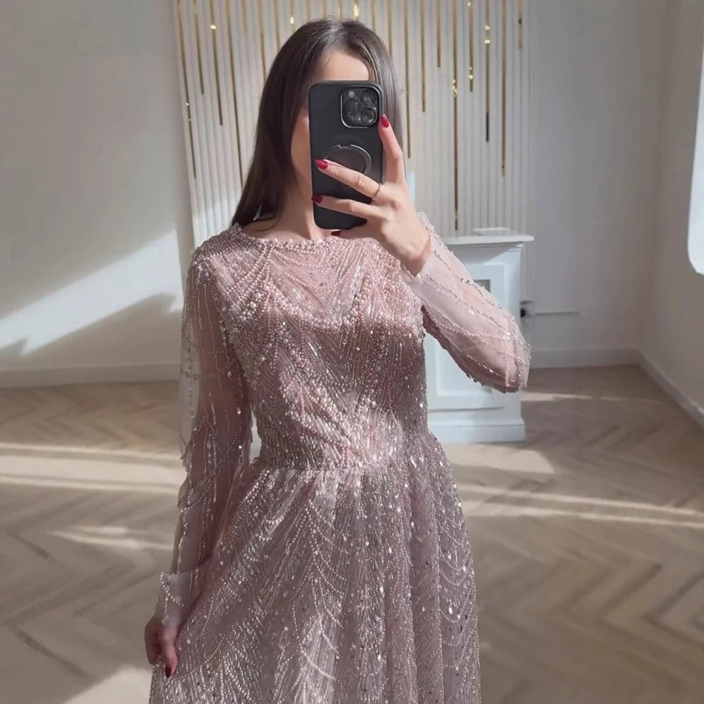 Luxury Olive Green Long Sleeve Beaded A Line Evening Gown for Wedding Party Prom Serene Hill 2025 Customized LA72738B Plus Size