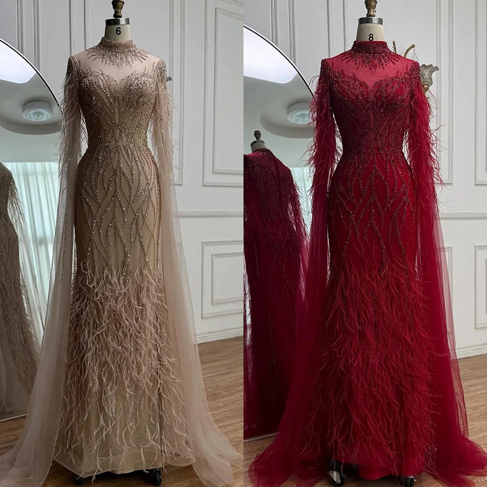 Nude Feather Evening Dress for Women High Neck Cape Sleeve Luxury Beaded Formal Gown Serene Hill 2025 Customized LA71885C