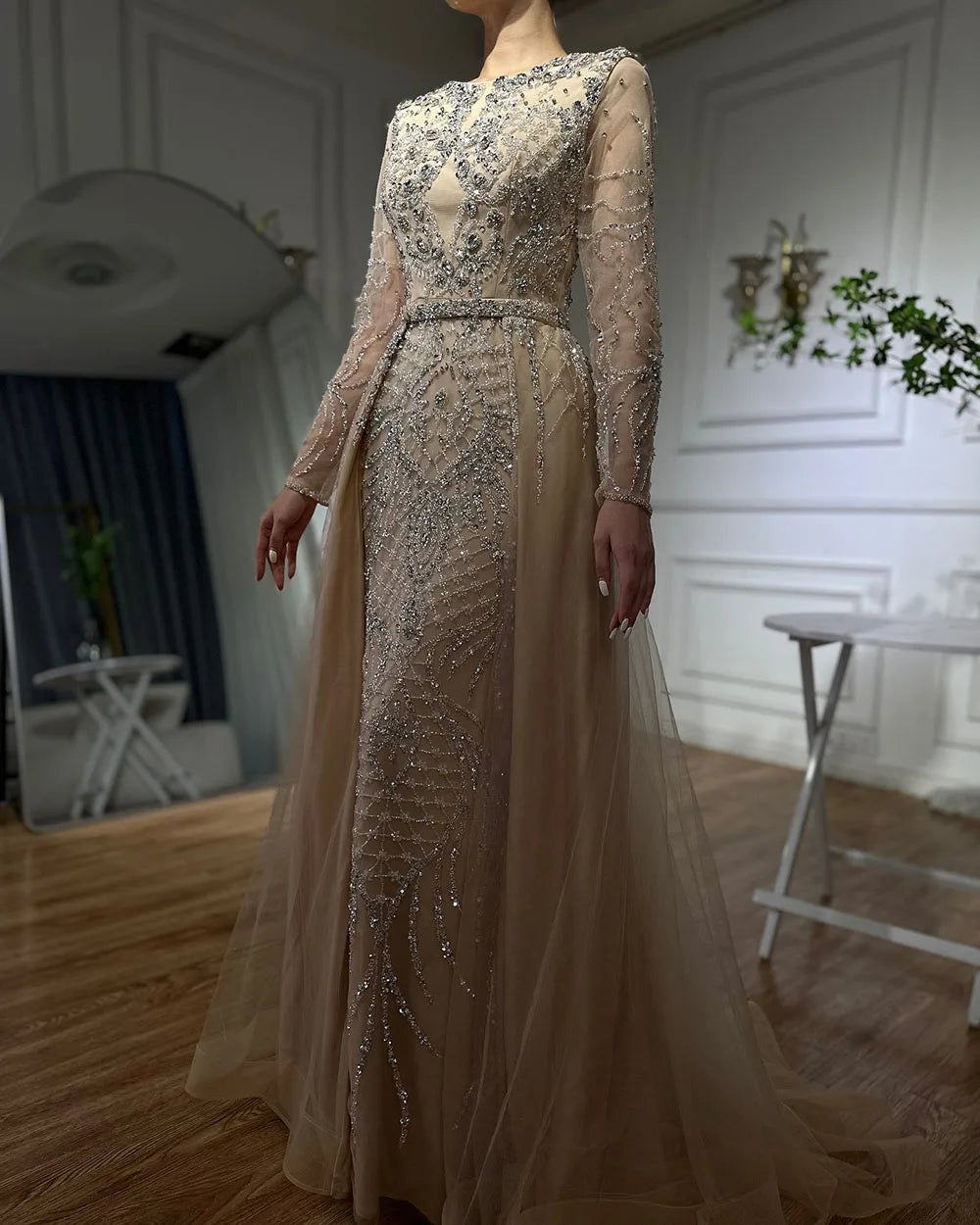 Serene Hill Muslim Silver Nude Mermaid Gown with Detachable Overskirt Beaded Evening Dress for Women Wedding Party 2025 LA71919