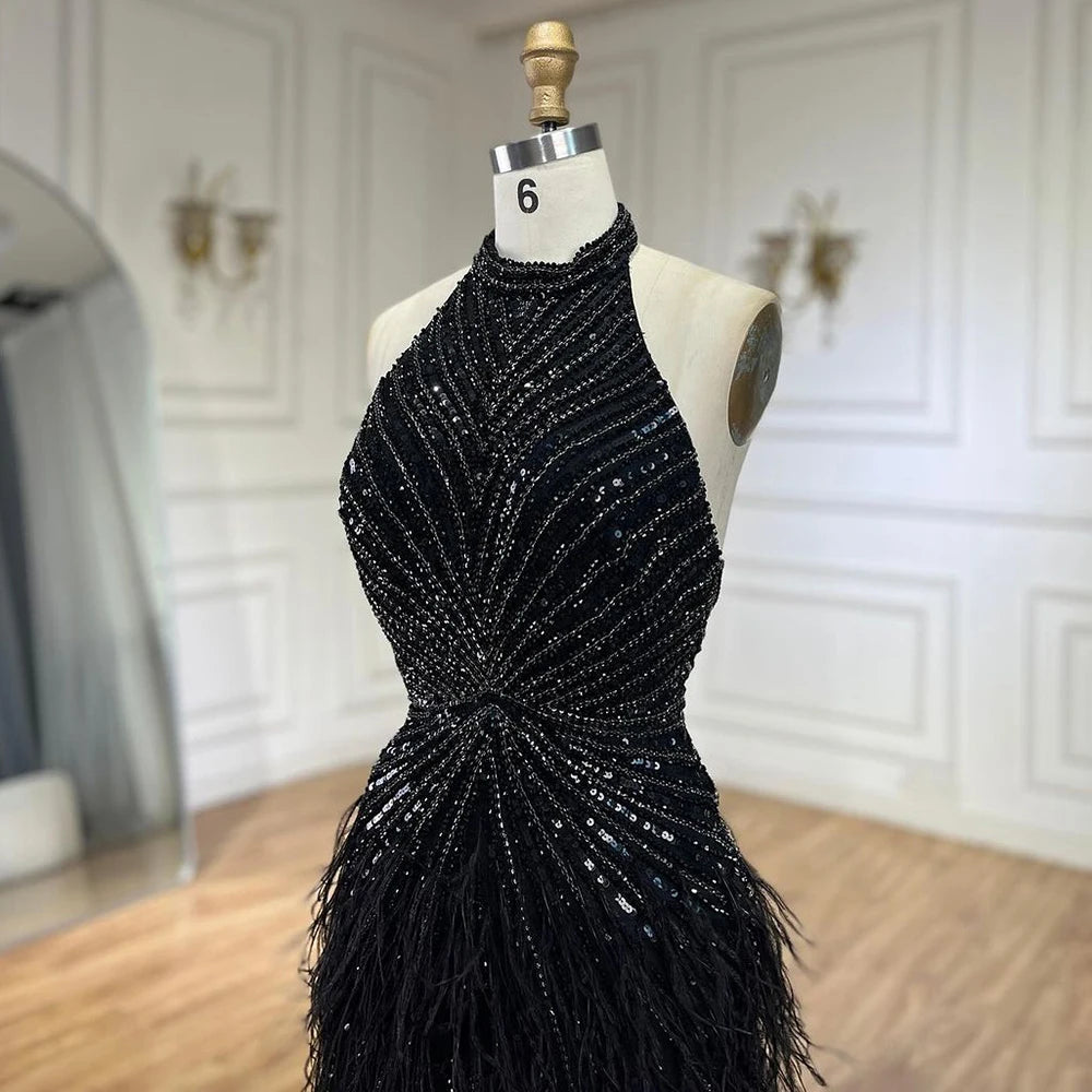 Serene Hill Dubai Halter Beige Feathers Beaded Formal Luxury Mermaid Evening Dresses For Women Wedding Party 2025 LA70623A
