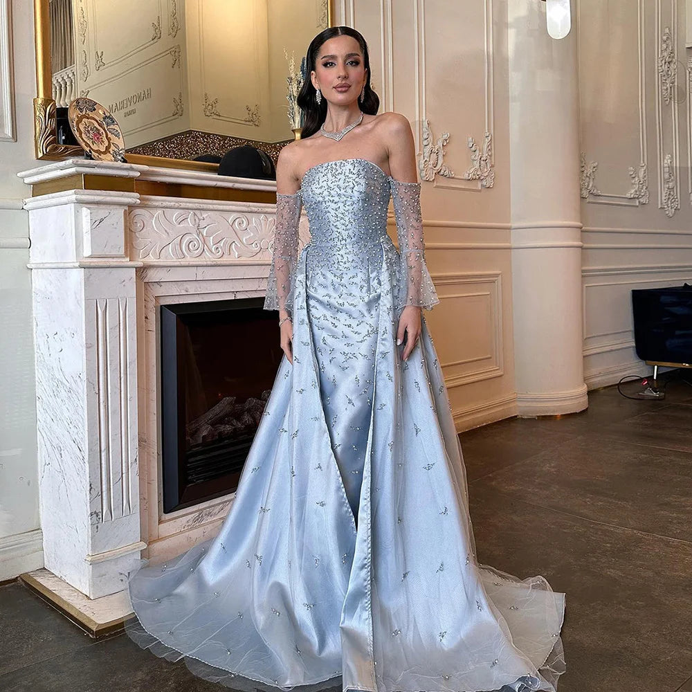 Serene Hill Customized 2025 Arabic Strapless Gray Blue Beaded Pearls Dubai Evening Dresses For Formal Occasion LA72705