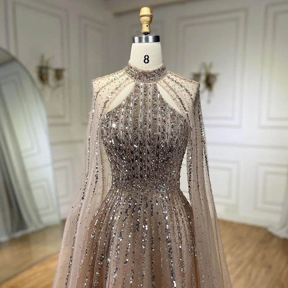 Serene Hill Arabic Turquoise A Line Cape Sleeve Beaded Evening Dresses Gowns For Occasion 2025 LA72306A Customized