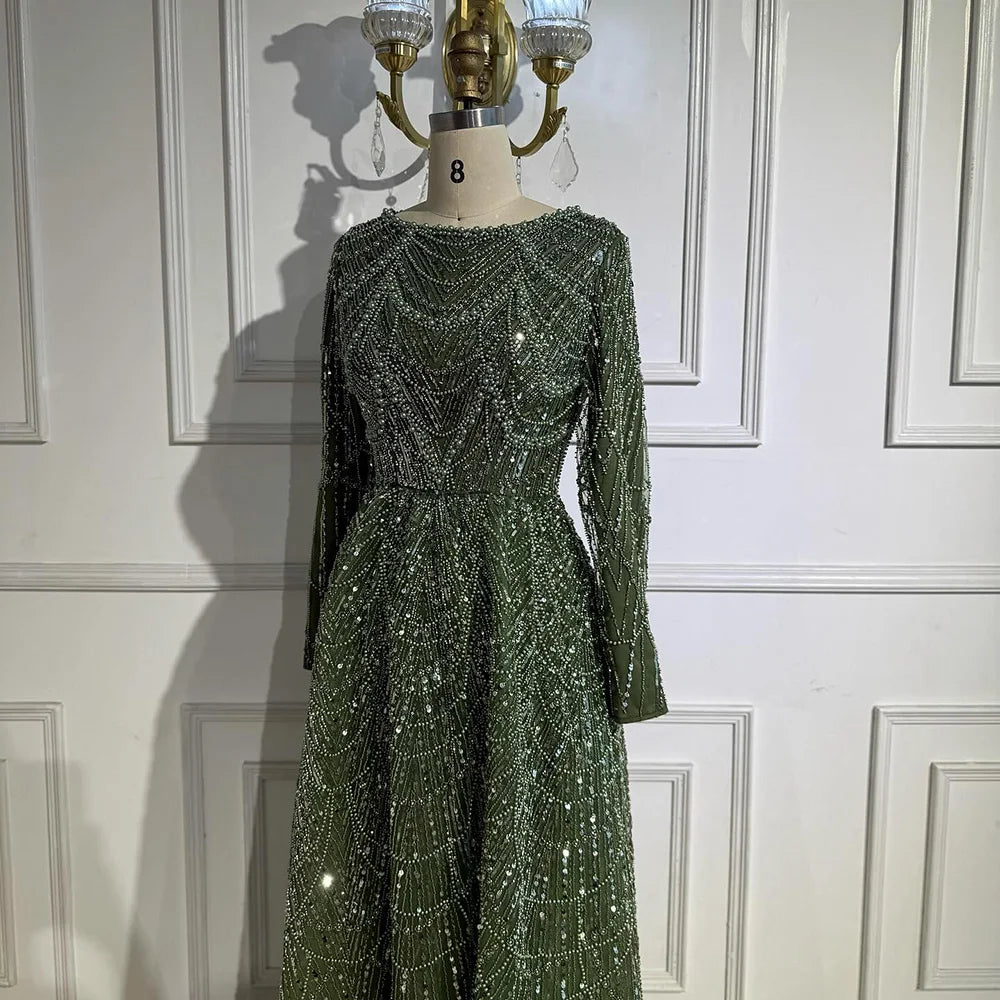 Luxury Olive Green Long Sleeve Beaded A Line Evening Gown for Wedding Party Prom Serene Hill 2025 Customized LA72738B Plus Size