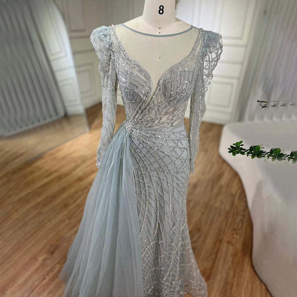 Serene Hill Muslim Gold Mermaid Beaded Dubai Evening Dresses Gowns With Overskirt 2025 For Party LA72206 Customized
