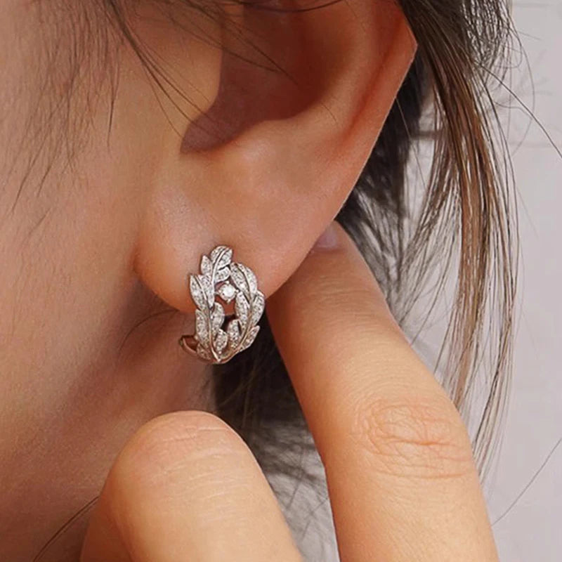 Huitan Silver Color Leaf Hoop Earrings for Women Newly Designed Exquisite Ear Accessories Silver Color Wedding Trendy Jewelry