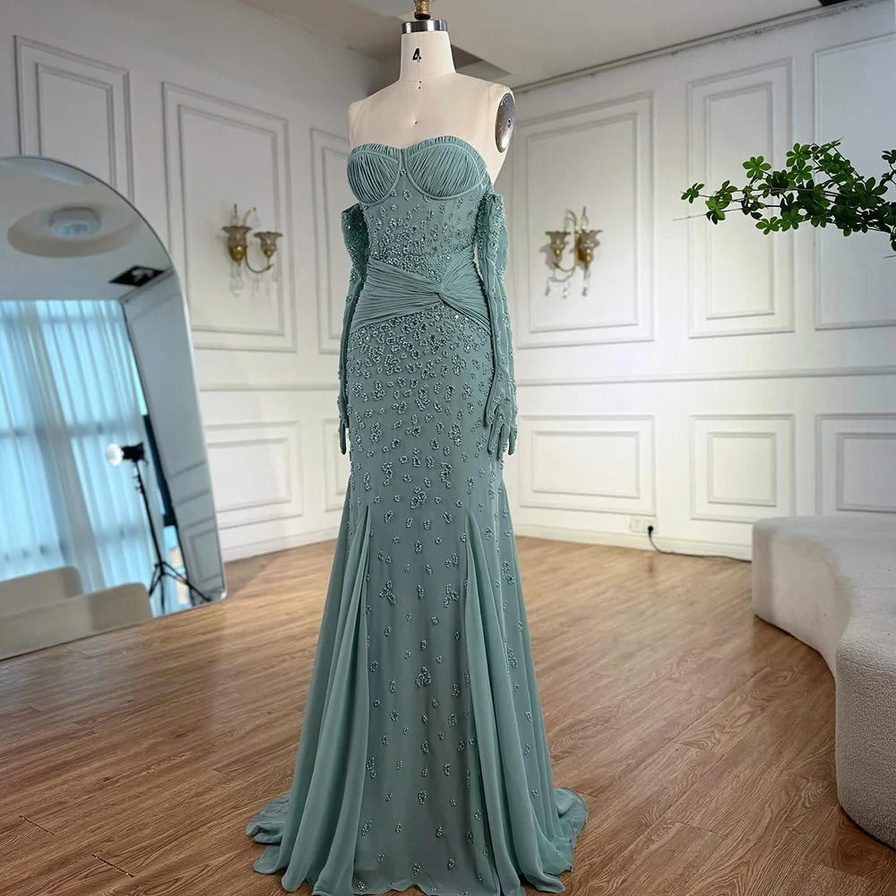 Turquoise Strapless Beaded Mermaid Evening Dress with Gloves Prom Gown Serene Hill 2025 Customized LA72933
