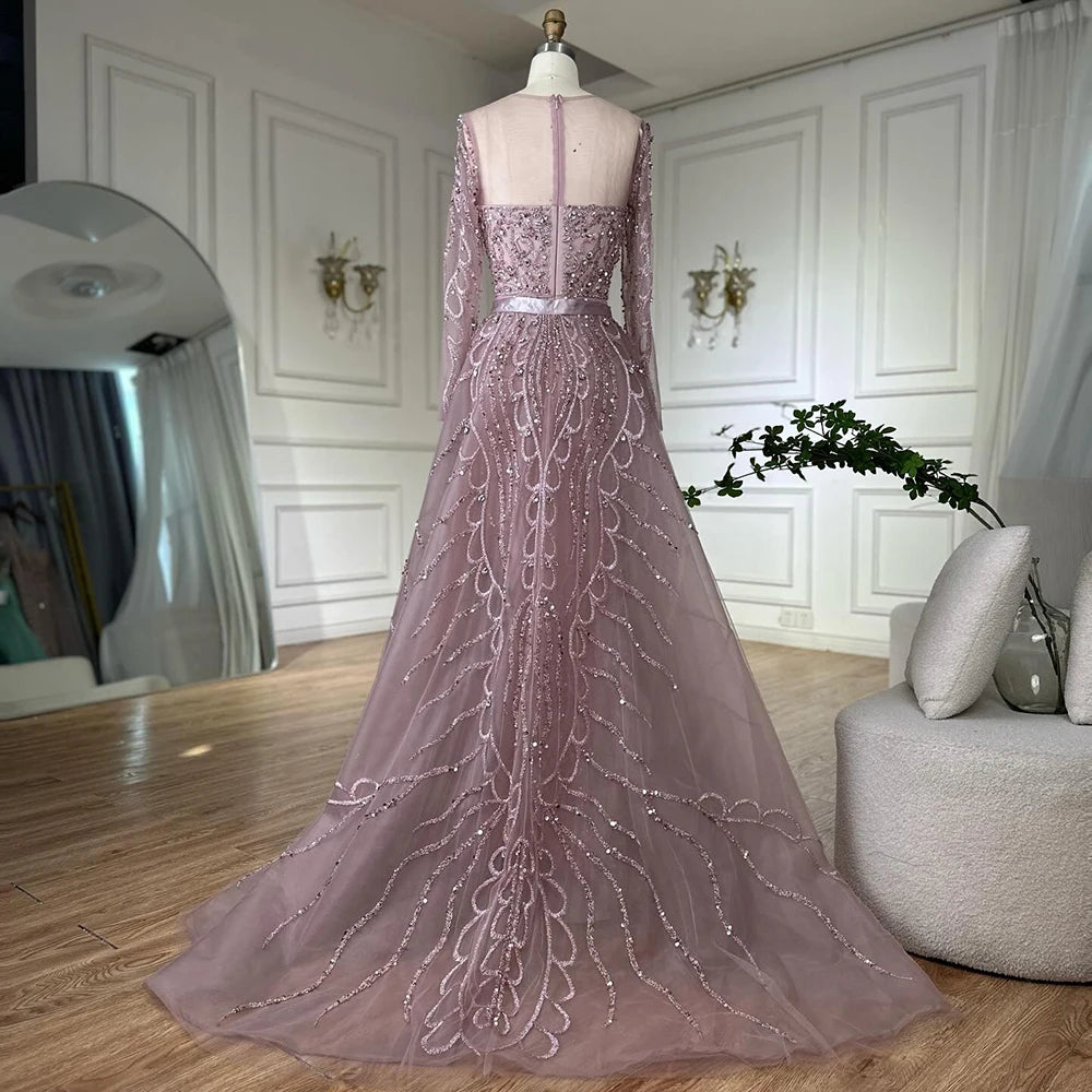 Serene Hill 2025 Customized Pink Beaded Saudi Arabic Mermaid Evening Dresses With Sheer Long Sleeves For Formal Occasion LA72875