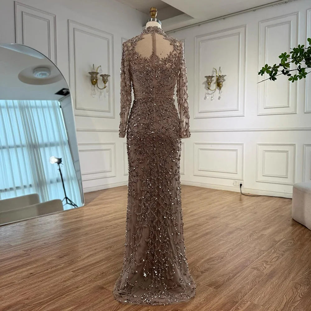 Luxury Caramel Beaded Evening Dress with High Neck Long Sleeves Mermaid Gown Serene Hill 2025 Customized LA71747A