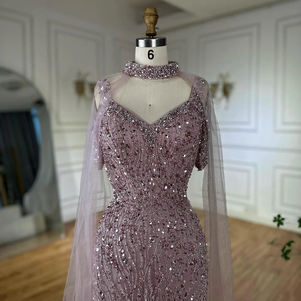 Luxury Caramel Mermaid Evening Gown Beaded Dress with Cape Sleeves Elegant Formal Party Customized LA72921